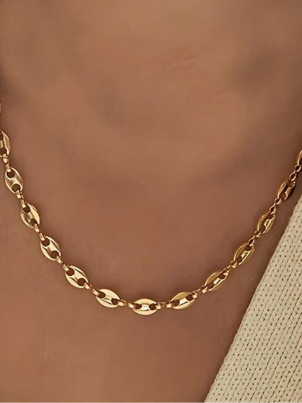 Oval chain coffee bean link gold necklace - steel